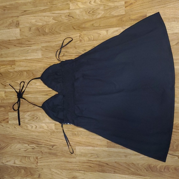 American Flirt Halter Dress Size M Black  with Embroidered White Floral Trim - Picture 7 of 11